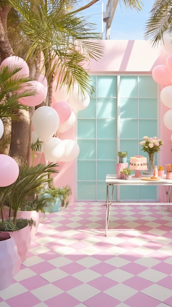 a pink room with a birthday party in the background