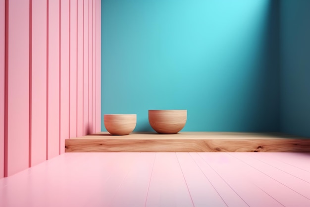 A pink room with a blue wall and wooden bowls on a wooden platform.