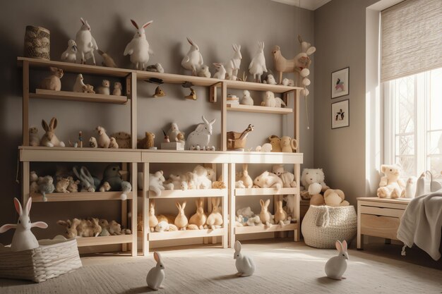 a pink room with a bunny in the corner and a basket with a letter a on it