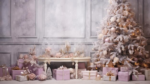 Фото Розовая комната с рождественскими деревьями, серебряными декоративными шарами, диваном, снежинками, подарками.