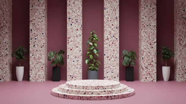 A pink room with a circular staircase and a pink wall with a plant in the middle.