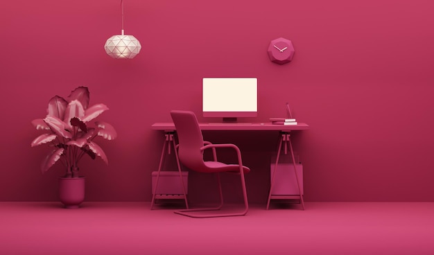 A pink room with a computer and a clock on the wall.