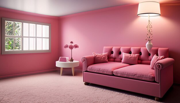 A pink room with a couch and a lamp in the corner