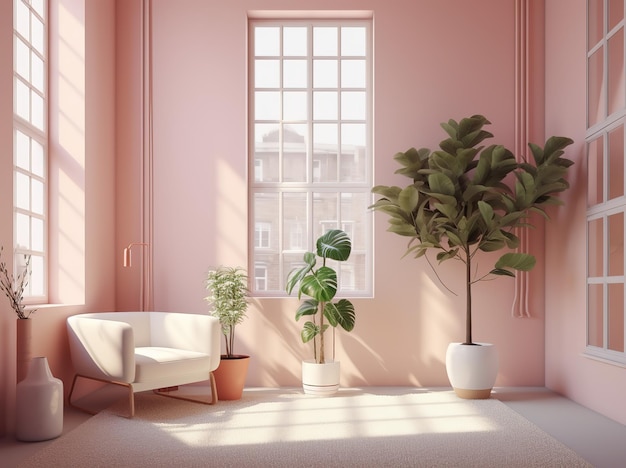 A pink room with a couch and a plant in it