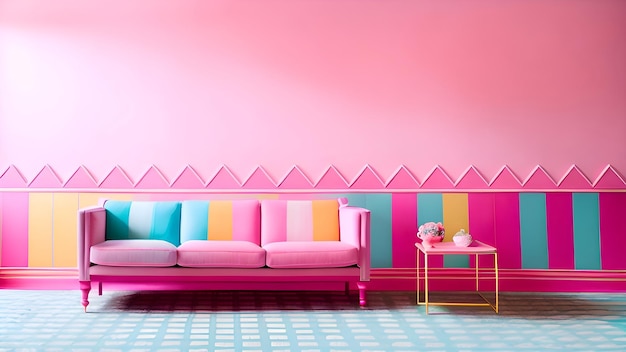 A pink room with a couch and a table with a pink and yellow striped rug