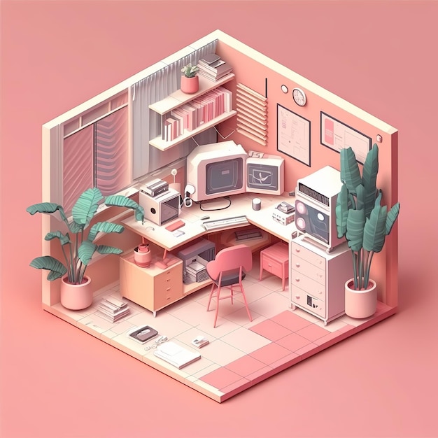 A pink room with a desk and a computer on it