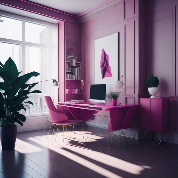 A pink room with a desk and a computer on it