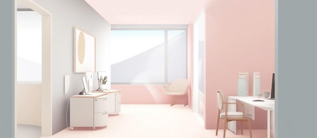 A pink room with a desk and a mirror.