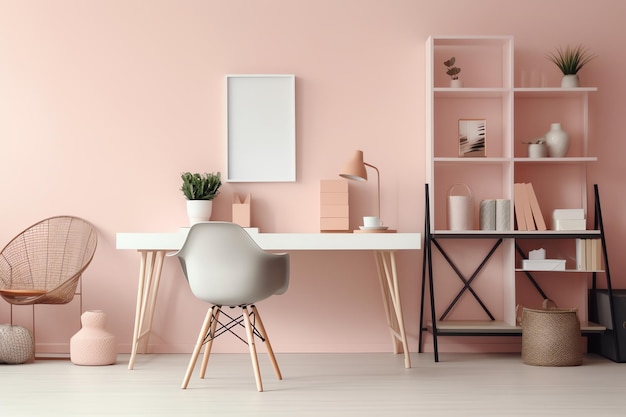 A pink room with a desk and a shelf with books on it.