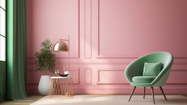 緑の肘掛け椅子の敷物とサイド テーブルの生成 AI を備えたピンクの部屋