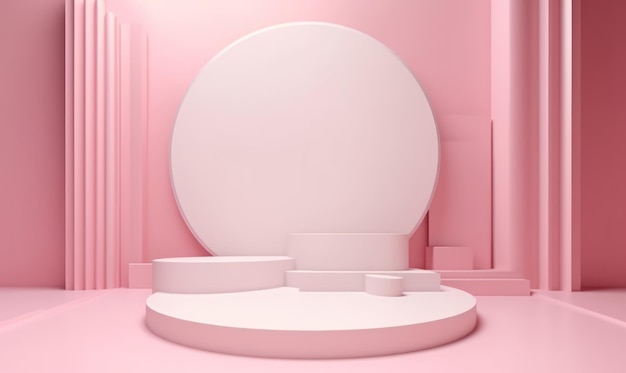 大きな丸い白い表彰台と大きな白い丸いオブジェクトがあるピンクの部屋。