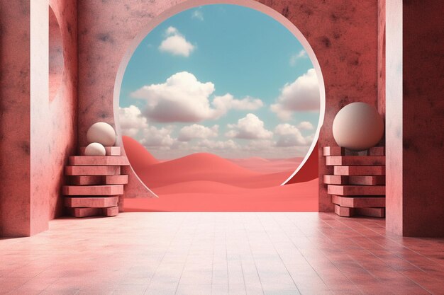 A pink room with a large window and a large round stone objects on the left