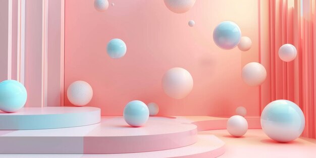 A pink room with a lot of white and blue spheres floating in the air stock background