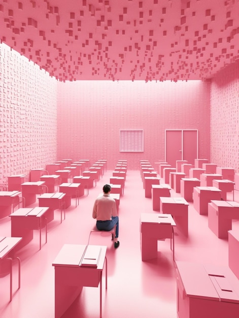 Розовая комната с мужчиной, сидящим перед розовой стеной, на которой написано "слово". "