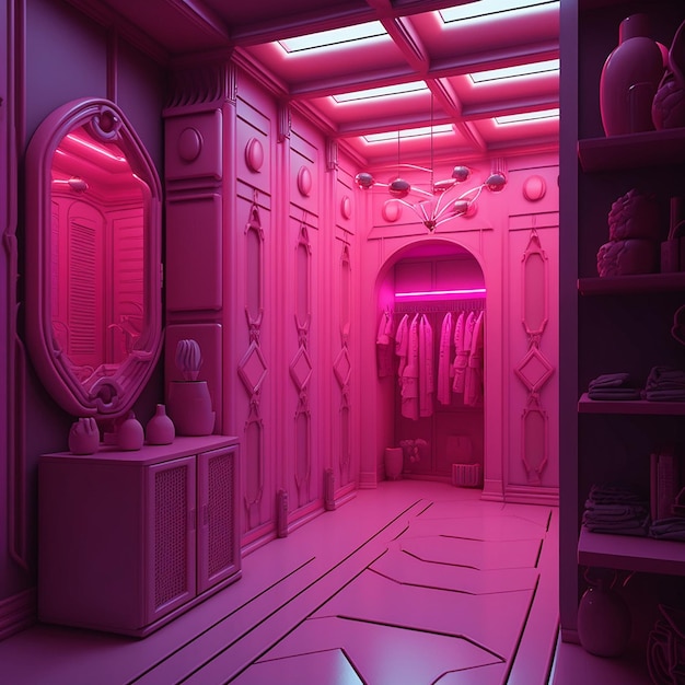 A pink room with a mirror and a sink