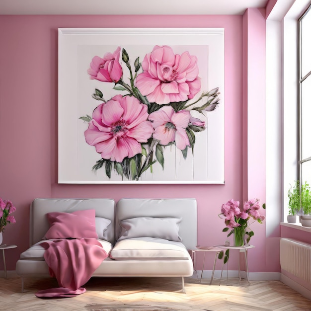 Photo a pink room with a picture of a flower and a pink frame