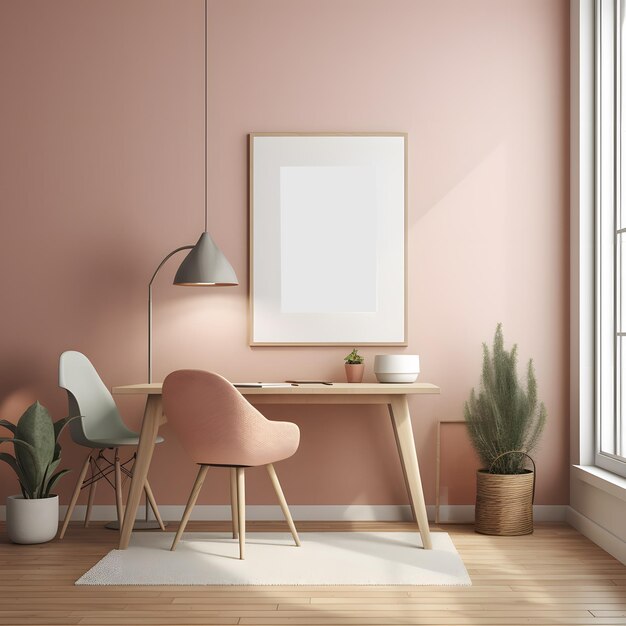 A pink room with a picture frame and a chair on the wall.