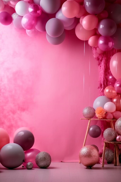 A pink room with a pink backdrop with a bunch of balloons and a pink backdrop.