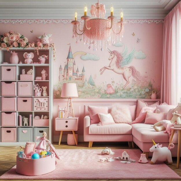 Photo a pink room with a pink couch and pink pillows and a pink couch with a pink unicorn on the wall