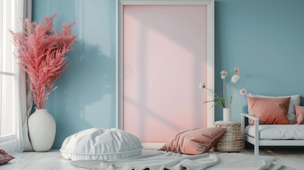 a pink room with a pink door and a pink frame