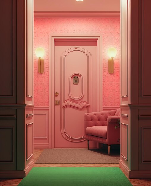 a pink room with a pink door and a red chair