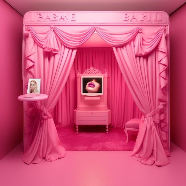 Photo pink room with a pink vanity and a pink curtain generative ai