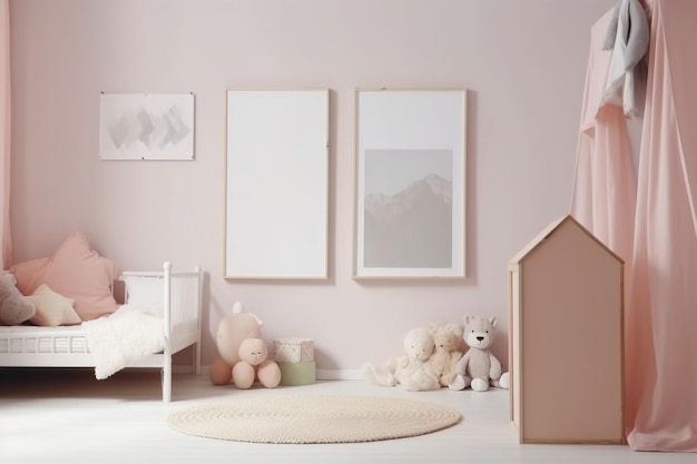 Розовая комната с розовой стеной и розовый дом с белой кроватью и плюшевым мишкой на ней.