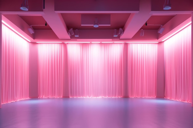 A pink room with a red curtain that says'pink'on it