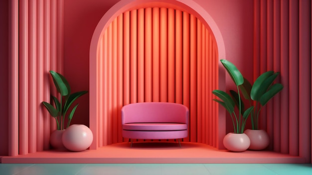 A pink room with a red sofa and plants.