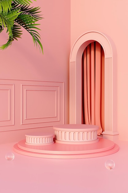 A pink room with a round cake on top of it.