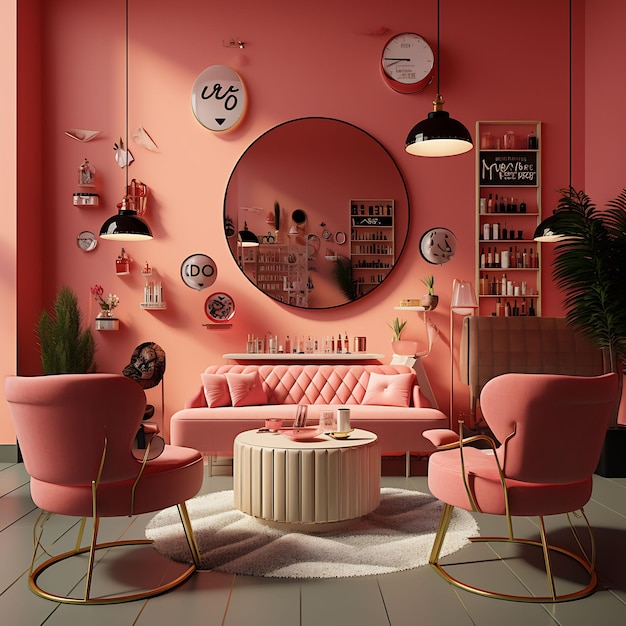 a pink room with a round mirror and a pink couch