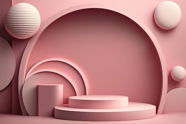 Pink room with a round podium and a white ball