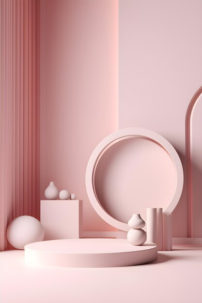 A pink room with a round table and a round table with a round object on it.