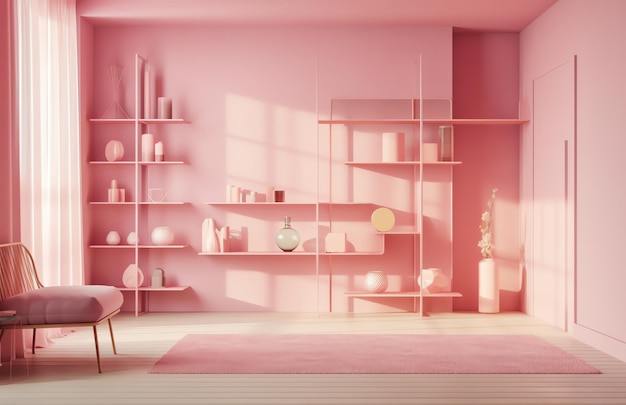 A pink room with a shelf that says'pink '