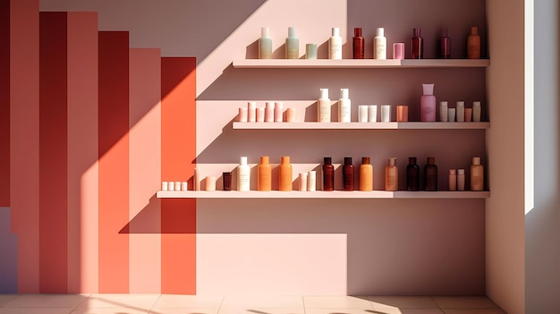 A pink room with shelves that have different bottles of different colors.