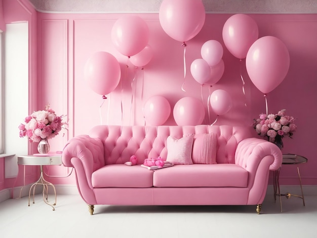 A pink room with a sofa and balloons ai generated