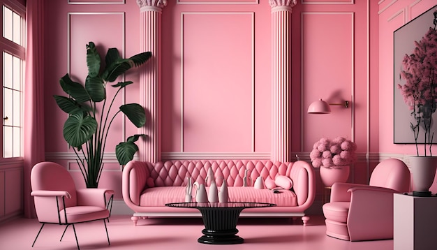 A pink room with a sofa and a coffee table.