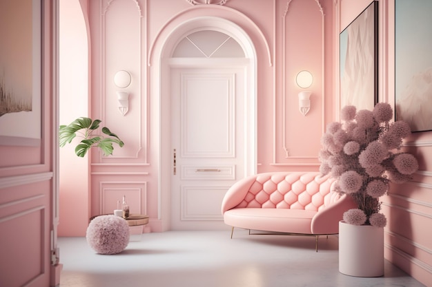 A pink room with a sofa and a lamp on the wall.