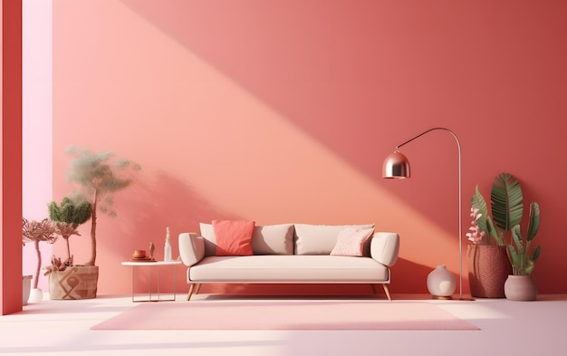 A pink room with a sofa and a lamp.