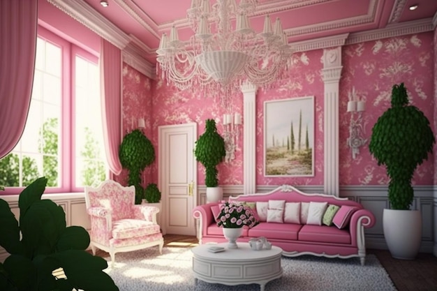 A pink room with a sofa and a table with a vase of flowers.