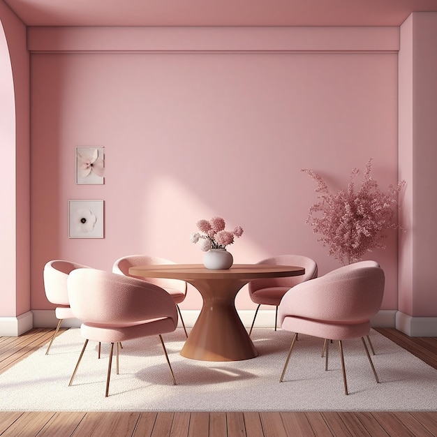 a pink room with a table and chairs and a pink wall with a picture of a pink chair and a table with chairs.