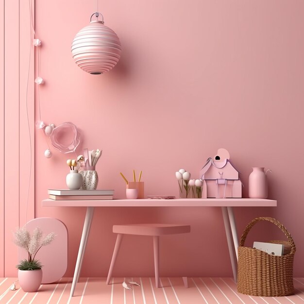 a pink room with a table and a pink wall with a pink and white decoration.