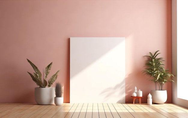 A pink room with a white canvas and plants on the wall