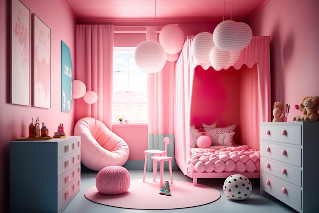 흰색 서랍장, 흰색 서랍장, 분홍색 침대, 의자, 램프가 있는 분홍색 방.