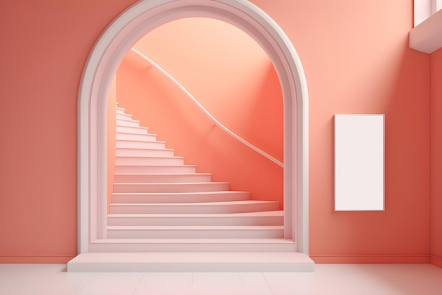 壁に白いフレームが映えるピンクの部屋
