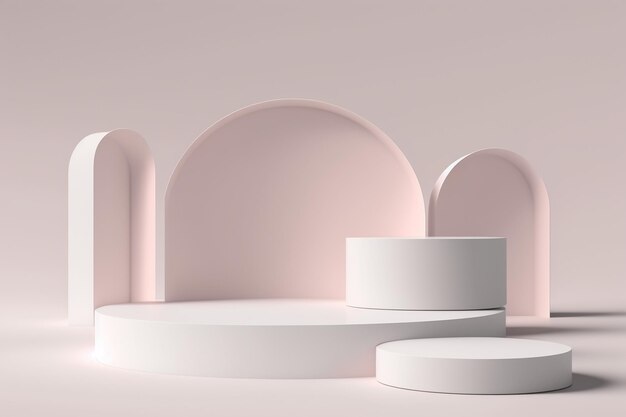 A pink room with a white podium and a white platform.