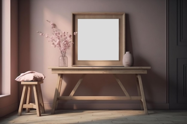 A pink room with a wooden table and a frame mockup