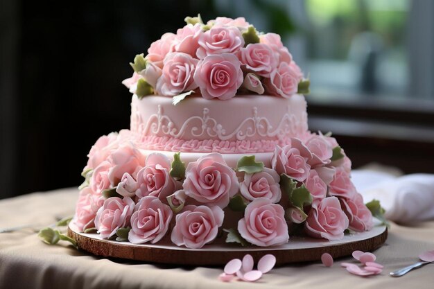 Pink Rose Arrangement on Wedding Cake pink rose picture photography