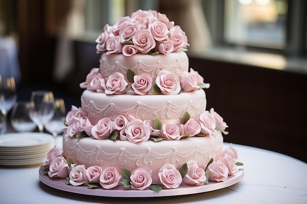 Pink Rose Arrangement on Wedding Cake pink rose picture photography