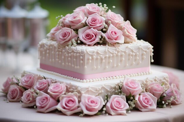 Pink Rose Arrangement on Wedding Cake pink rose picture photography